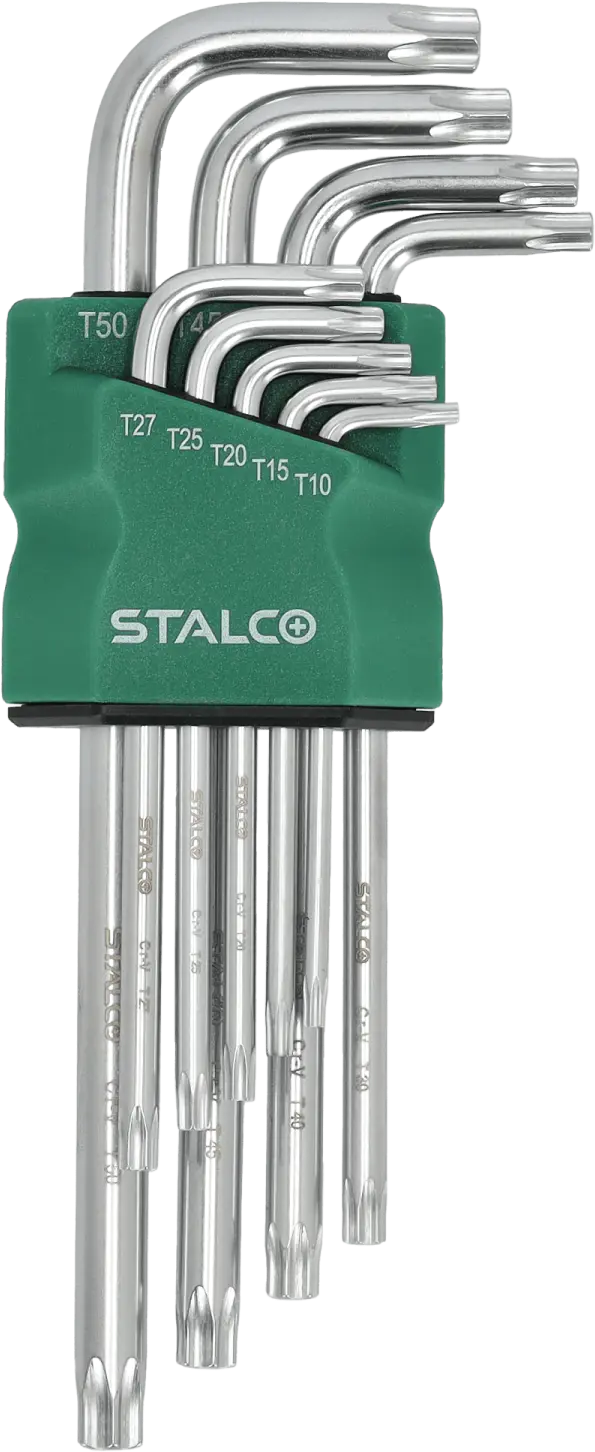 Long TORX wrenches with hole Set 9 pcs, CrV TT10 - TT15 - TT20 - TT25 - TT27 - TT30 - TT40 - TT45 - TT50 STALCO S-46376