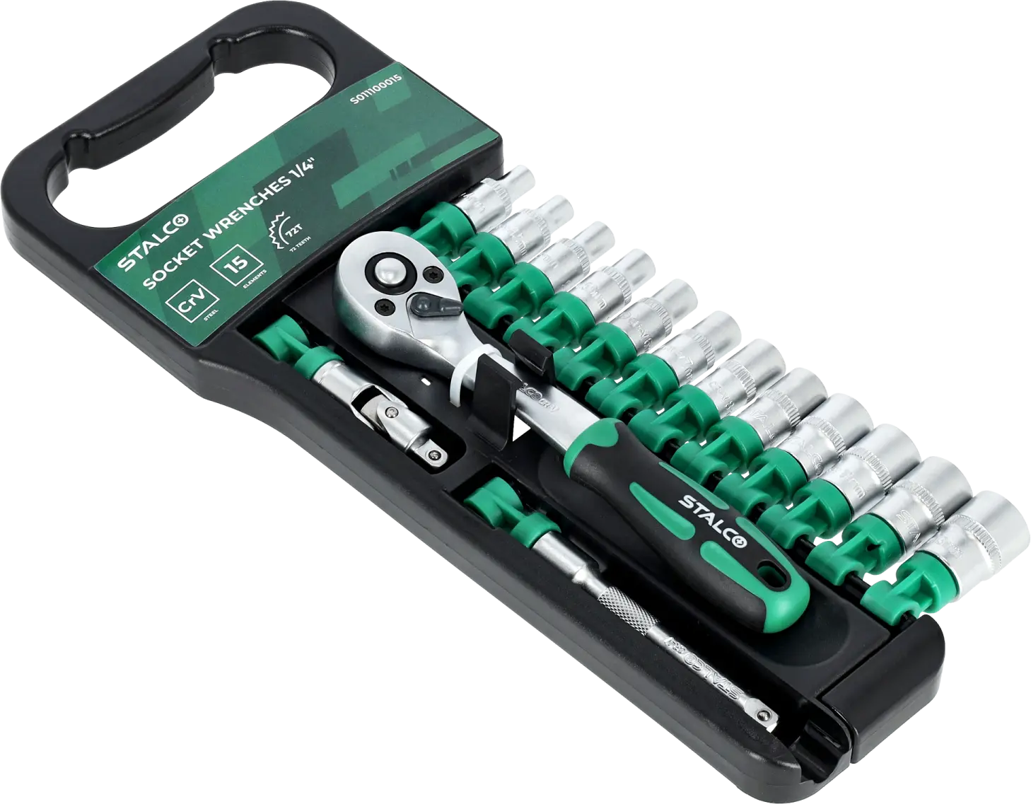 Socket set on hanger 15pcs 1/4” ratchet 72T STALCO S011100015