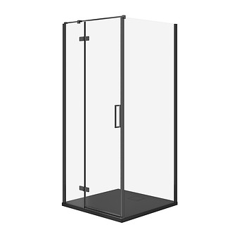 SET B768: VIERKANTE DOUCHECABINE JOTA 80 × 80 × 195 LINKS ZWART TRANSPARANT GLAS + TAKO SLIM DOUCHEBAK ZWART MAT 4 CM S601-155