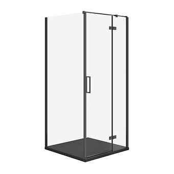 SET B769: SHOWER ENCLOSURE SQUARE JOTA 80×80×195 RIGHT BLACK TRANSPARENT GLASS + TRAY TAKO SLIM BLACK MATT 4 CM – S601-156