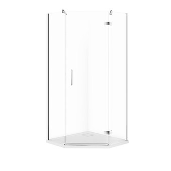 SET B772: DOUCHECABINE VIJFHOEKIG JOTA 80 × 80 × 195 RECHTS CHROOM TRANSPARANT GLAS + DOUCHEBAK TAKO SLIM WIT 4 CM S601-159