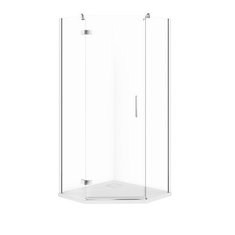 SET B777: DOUCHECABINE VIJFHOEKIG JOTA 90 × 90 × 195 LINKS CHROOM TRANSPARANT GLAS + DOUCHEBAK TAKO SLIM WIT 4 CM S601-164