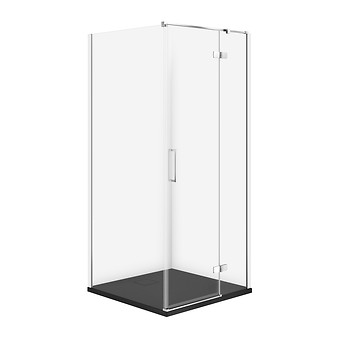 SET C127: DOUCHECABINE VIERKANT JOTA 90×90×195 RECHTS CHROOM TRANSPARANT GLAS + DOUCHEBAK TAKO SLIM ZWART MAT 4 CM S601-328