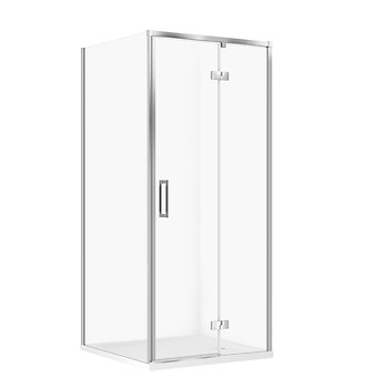SET C141: SHOWER ENCLOSURE SQUARE LARGA 90 × 90 × 195 RIGHT CHROME TRANSPARENT GLASS + TRAY TAKO WHITE 4 CM S601-342