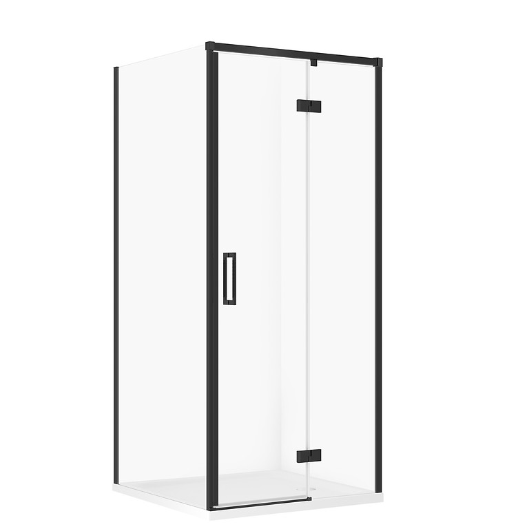 SET C177: SHOWER ENCLOSURE SQUARE LARGA 90 × 90 × 195 RIGHT BLACK TRANSPARENT GLASS + TRAY TAKO WHITE 4 CM S601-344