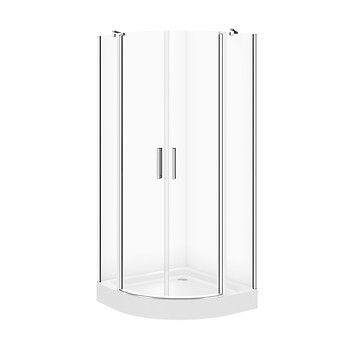 SET C171: SHOWER ENCLOSURE HALF-ROUND MODUO 80 × 80 × 195 CHROME TRANSPARENT GLASS + TRAY TAKO WHITE 16 CM S601-350