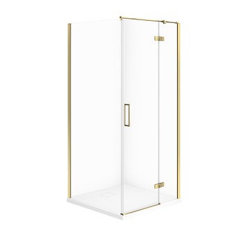 SET C288: DOUCHECABINE VIERKANT JOTA 80×80×195 RECHTS GOUD TRANSPARANT GLAS + DOUCHEBAK TAKO SLIM WIT S601-366