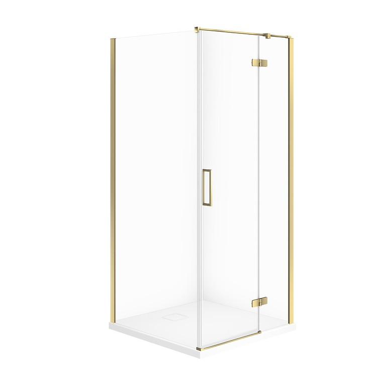 SET C296: SHOWER ENCLOSURE SQUARE JOTA 90 × 90 × 195 cm RIGHT GOLD TRANSPARENT GLASS + SHOWER TRAY TAKO SLIM WHITE S601-374