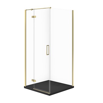 SET C301: SHOWER ENCLOSURE SQUARE JOTA 90 × 90 × 195 cm LEFT GOLD TRANSPARENT GLASS + SHOWER TRAY TAKO SLIM BLACK MATT S601-379
