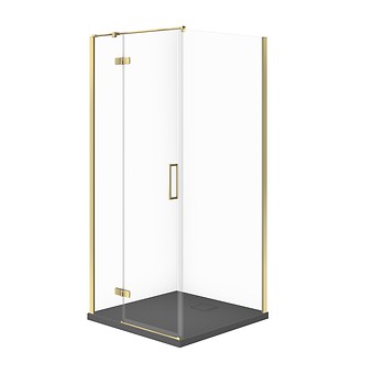 SET C303: SHOWER ENCLOSURE SQUARE JOTA 90 × 90 × 195 cm LEFT GOLD TRANSPARENT GLASS + SHOWER TRAY TAKO SLIM GREY MATT S601-381