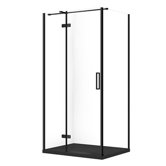 SET C371: RECHTHOEKIGE DOUCHECABINE JOTA 100x80x195 LINKS ZWART TRANSPARANT GLAS + DOUCHEBAK TAKO SLIM ZWART MAT S601-397
