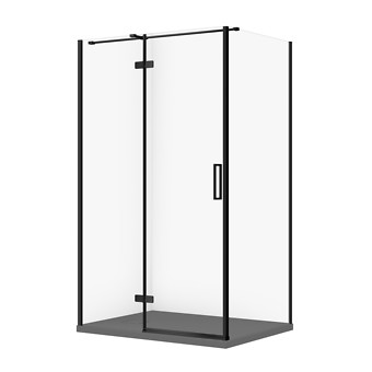 SET C377: RECHTHOEKIGE DOUCHECABINE JOTA 120×90×195 LINKS ZWART TRANSPARANT GLAS + DOUCHEBAK TAKO SLIM GRIJS MAT S601-403