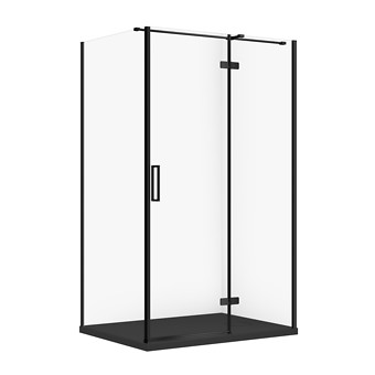 SET C378: RECHTHOEKIGE DOUCHECABINE JOTA 120×90×195 RECHTS ZWART TRANSPARANT GLAS + DOUCHEBAK TAKO SLIM ZWART MAT S601-404