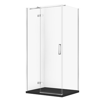 SET C347: DOUCHECABINE RECHTHOEKIG JOTA 100×80×195 LINKS CHROOM HELDER GLAS + DOUCHEBAK TAKO SLIM ZWART MAT S601-429