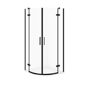 SET C357: HALFRONDE DOUCHECABINE JOTA 80×80×195 ZWART TRANSPARANT GLAS + DOUCHEBAK TAKO SLIM WIT MAT S601-439