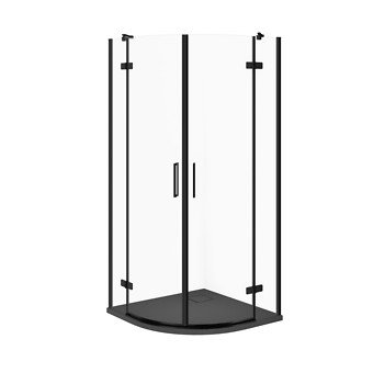 SET C358: HALFRONDE DOUCHECABINE JOTA 80×80×195 ZWART TRANSPARANT GLAS + DOUCHEBAK TAKO SLIM GRIJS MAT S601-440