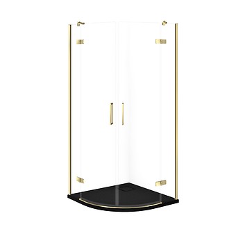 SET C315: SHOWER ENCLOSURE HALFROUND JOTA 90 × 90 × 195 cm GOLD TRANSPARENT GLASS + SHOWER TRAY TAKO SLIM BLACK MATT S601-445