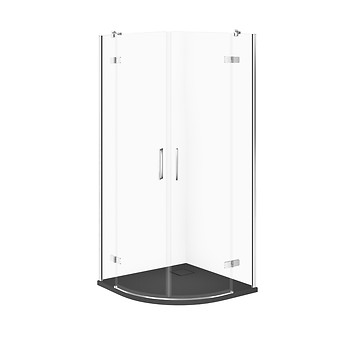 SET C338: DOUCHECABINE HALFROND JOTA 90×90×195 CHROOM TRANSPARANT GLAS + DOUCHEBAK TAKO SLIM GRIJS MAT S601-448