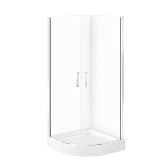 SET C390: HALFRONDE DOUCHECABINE MODUO 80×80×195 VOLLEDIGE DEUR CHROOM TRANSPARANT GLAS + DOUCHEBAK TAKO WIT 16 CM S601-476