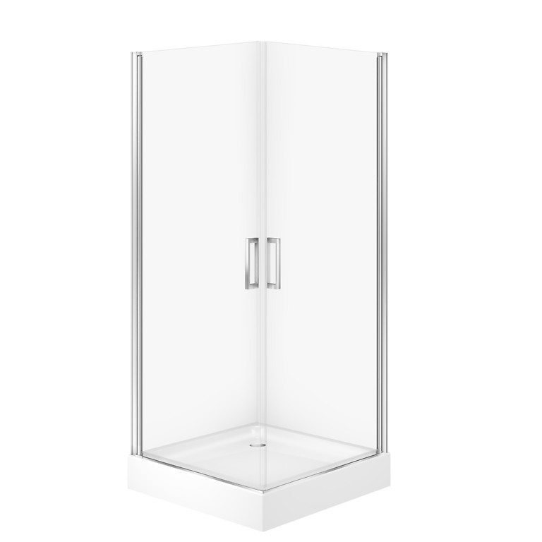 SET C381: VIERKANTE DOUCHECABINE MODUO 80×80×195 2 VOLLEDIGE DEUREN CHROOM TRANSPARANT GLAS + DOUCHEBAK TAKO WIT 16 CM S601-478