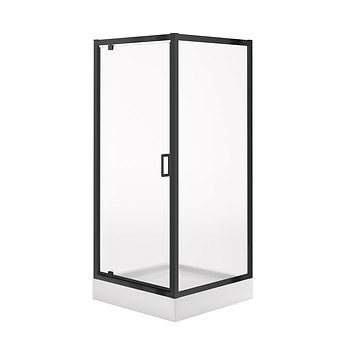 SET C703: VIERKANTE PIVOT DOUCHECABINE ARTECO 80×80×190 ZWART TRANSPARANT GLAS + DOUCHEBAK TAKO WIT 16 CM S913-021
