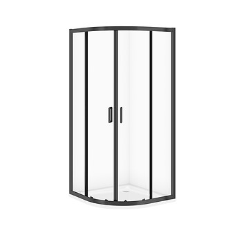 SET C705: HALFRONDE DOUCHECABINE ARTECO 80×80×190 ZWART TRANSPARANT GLAS + DOUCHEBAK TAKO WIT 4 CM S913-024