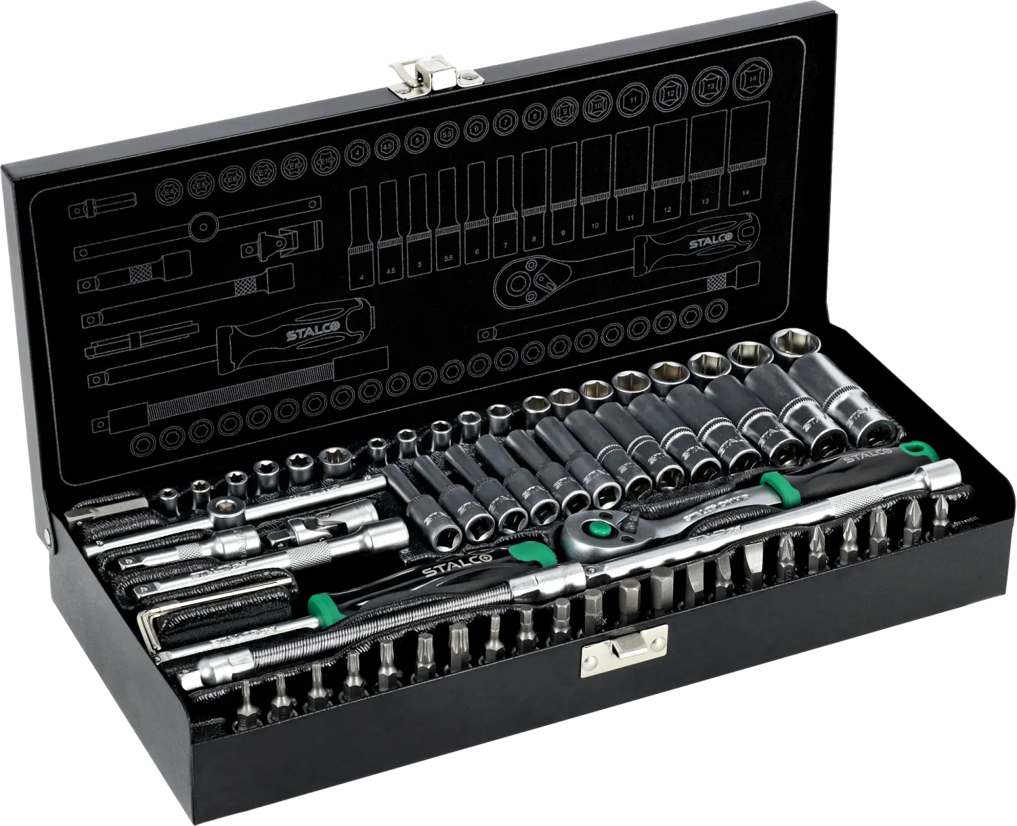 Socket Set 67pcs, metal case 1/4˝ Ratchet 90T STALCO S011100067