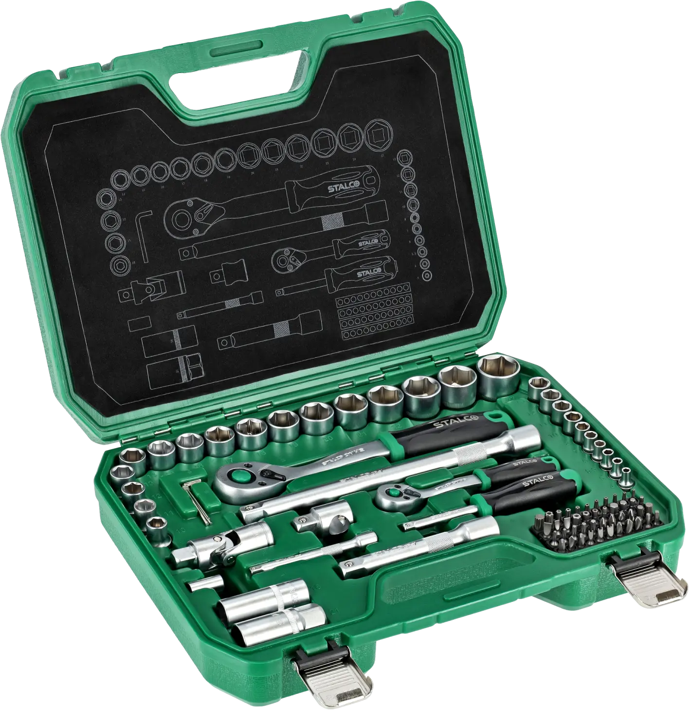 Socket Set 84pcs, BMC 1/2˝ 1/4˝ Ratchet 90T STALCO S011100084