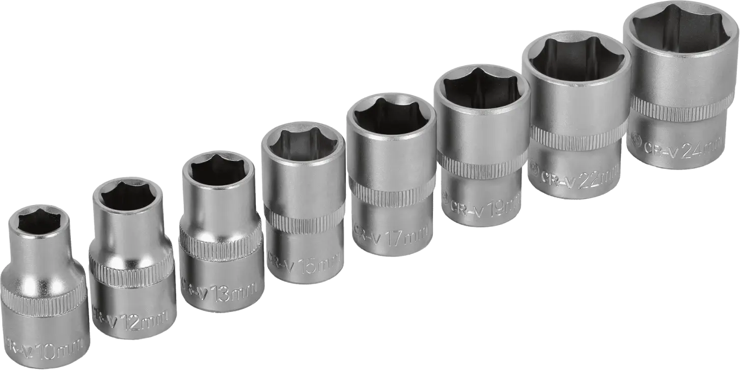 Set of 1/2" sockets on an 8-piece strip. (5904012150386)