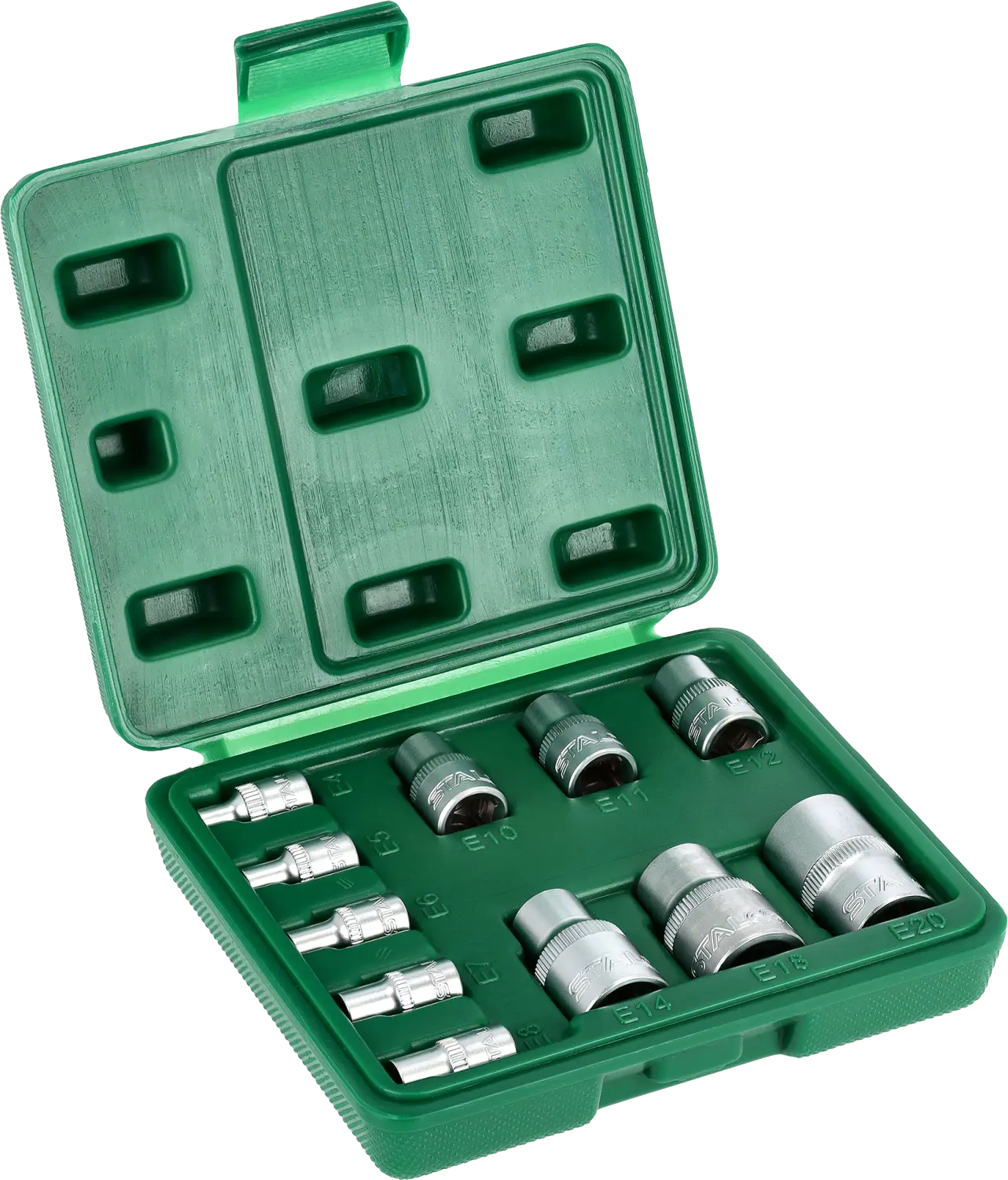 TORX Socket Set 1/4″ E4,5,6,7,8 · 3/8″ E10,11,12 · 1/2″ E14,18,20 · 11 pcs | STALCO S011100011