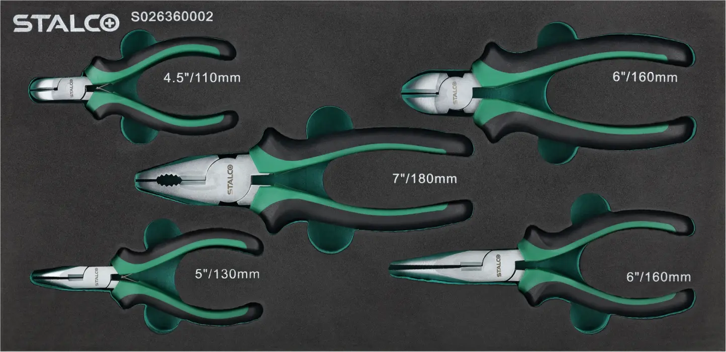 Plier set, 5pcs, EVA tray, STALCO S026360002