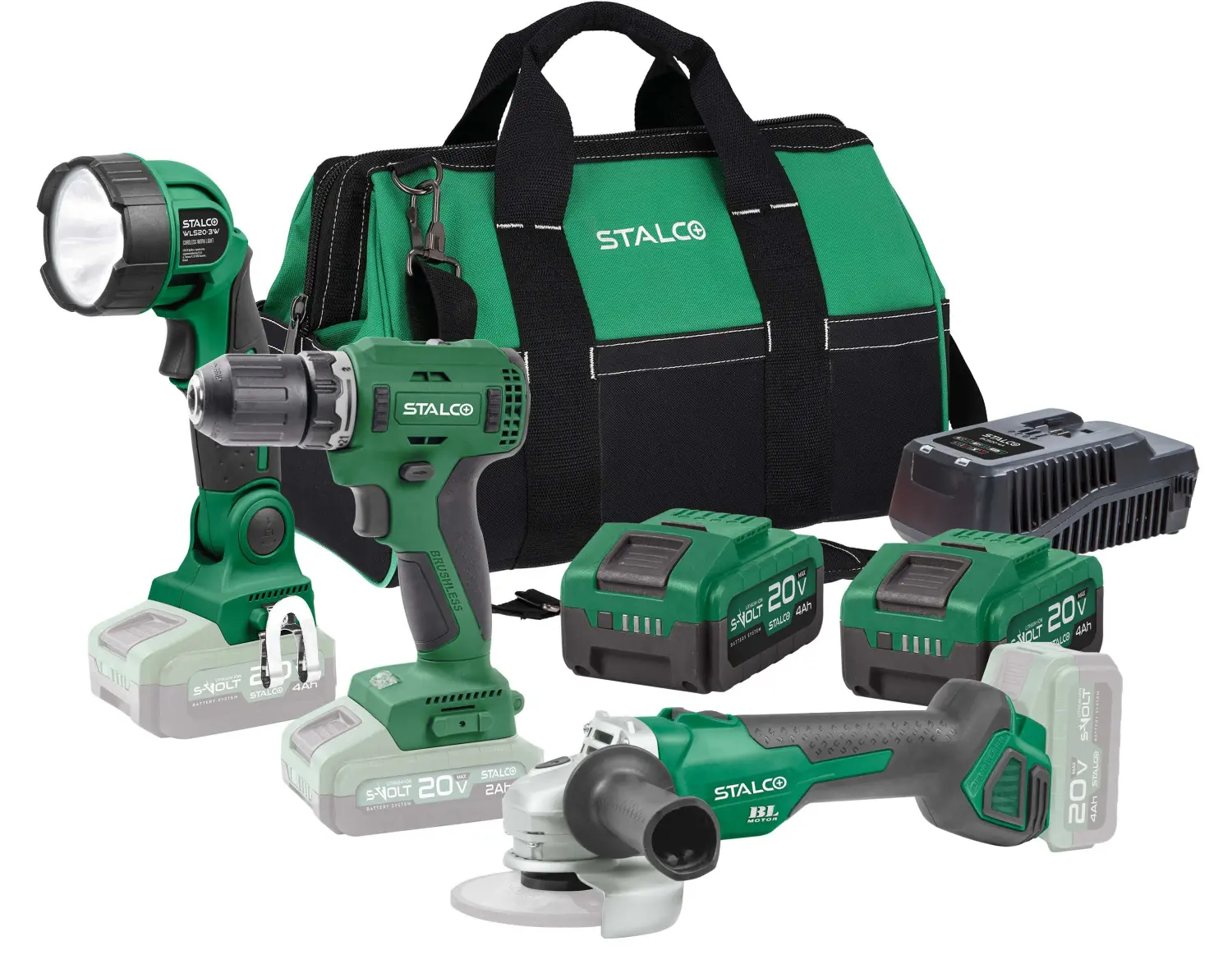 Set: Grinder + Screwdriver + Work Light + 2x 4Ah Batteries – STALCO S-97379