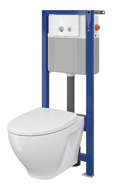 SET B39 AQUA 22 MECH, WALL HUNG BOWL MODUO CLEANON, SLIM WRAP DUROPLAST TOILET SEAT, BUTTON STERO WHITE GLASS S701-293