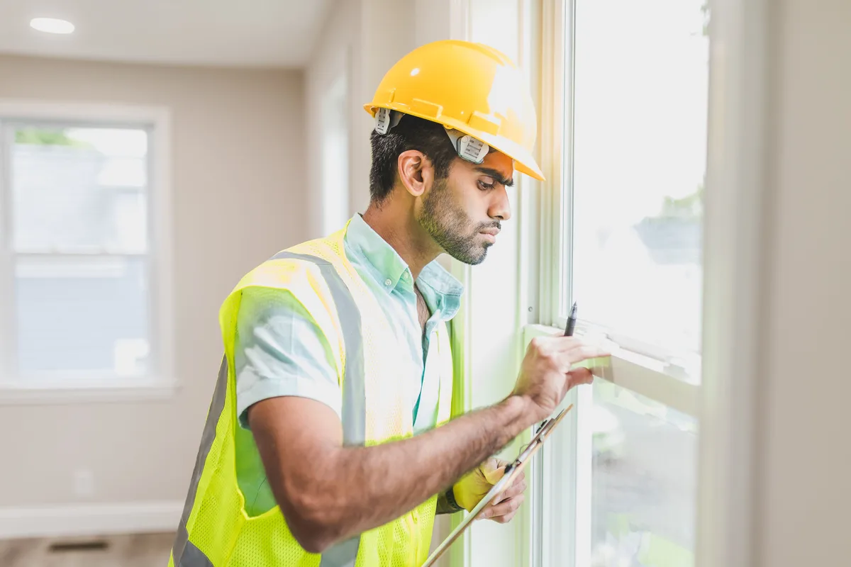 Professional wearing a yellow safety helmet and yellow high-visibility vest checking a window frame in a house