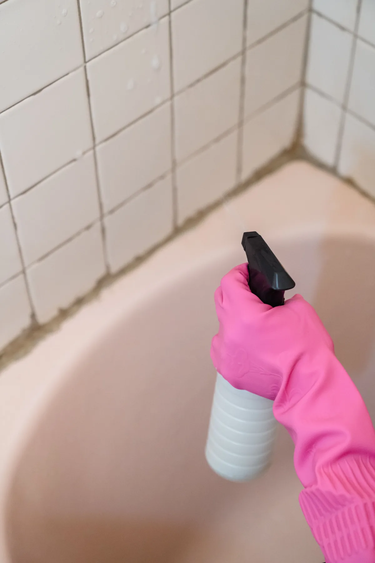 A hand in a pink rubber glove sprays cleaner on white wall tiles and joints above a bath
