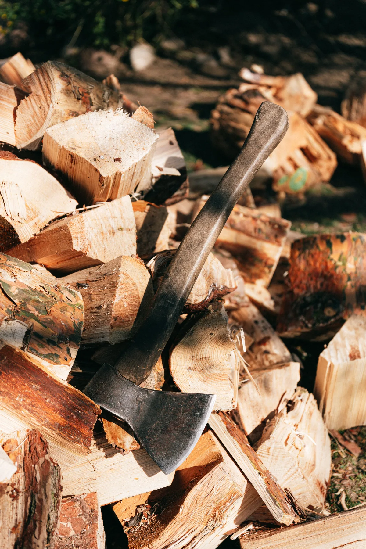 Axe with a dark handle lying on a pile of split firewood in the sun