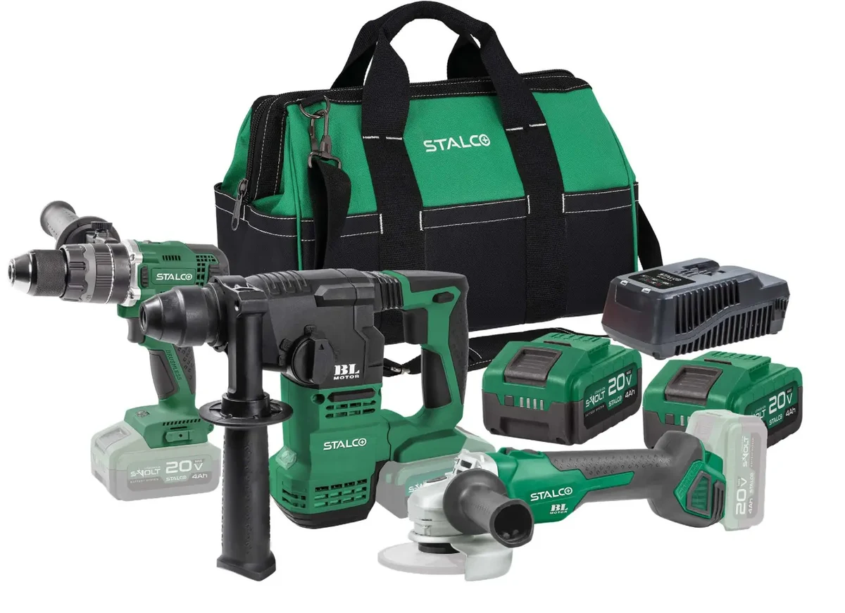 A cordless tool set with rotary hammer, drill driver, angle grinder, two batteries, charger and bag