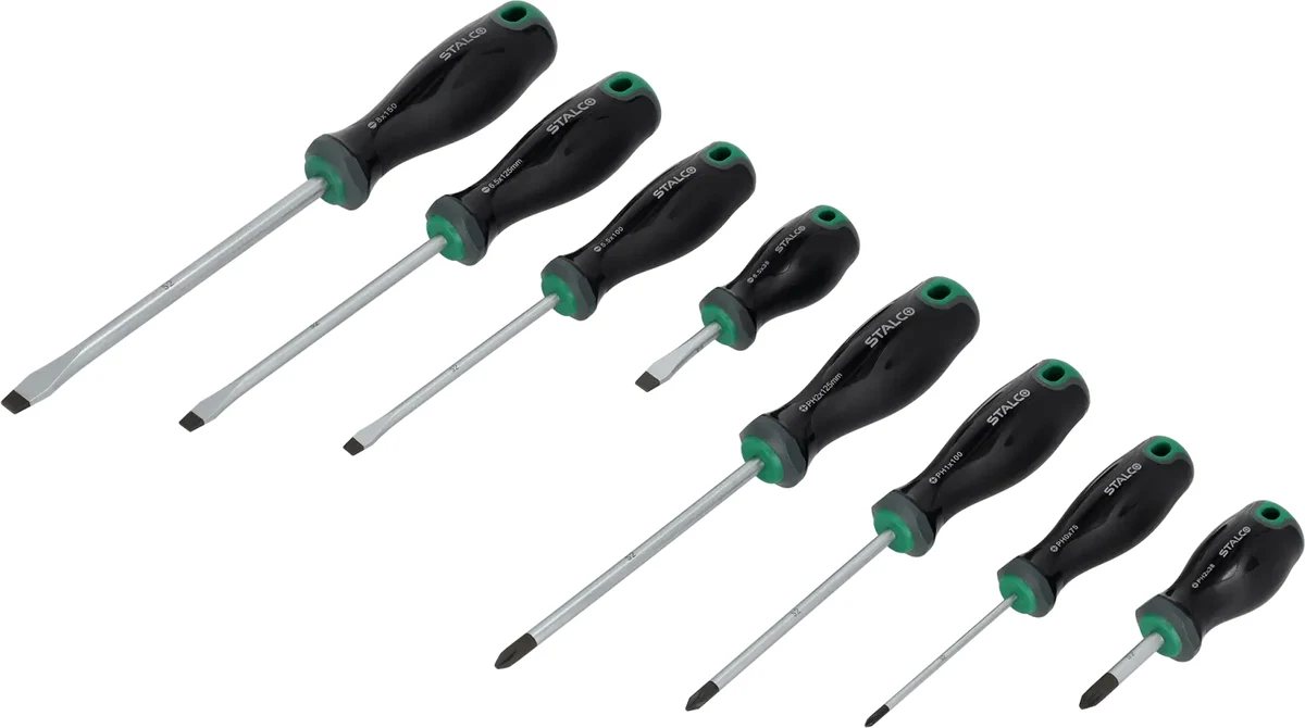 A set of eight STALCO screwdrivers with black and green handles