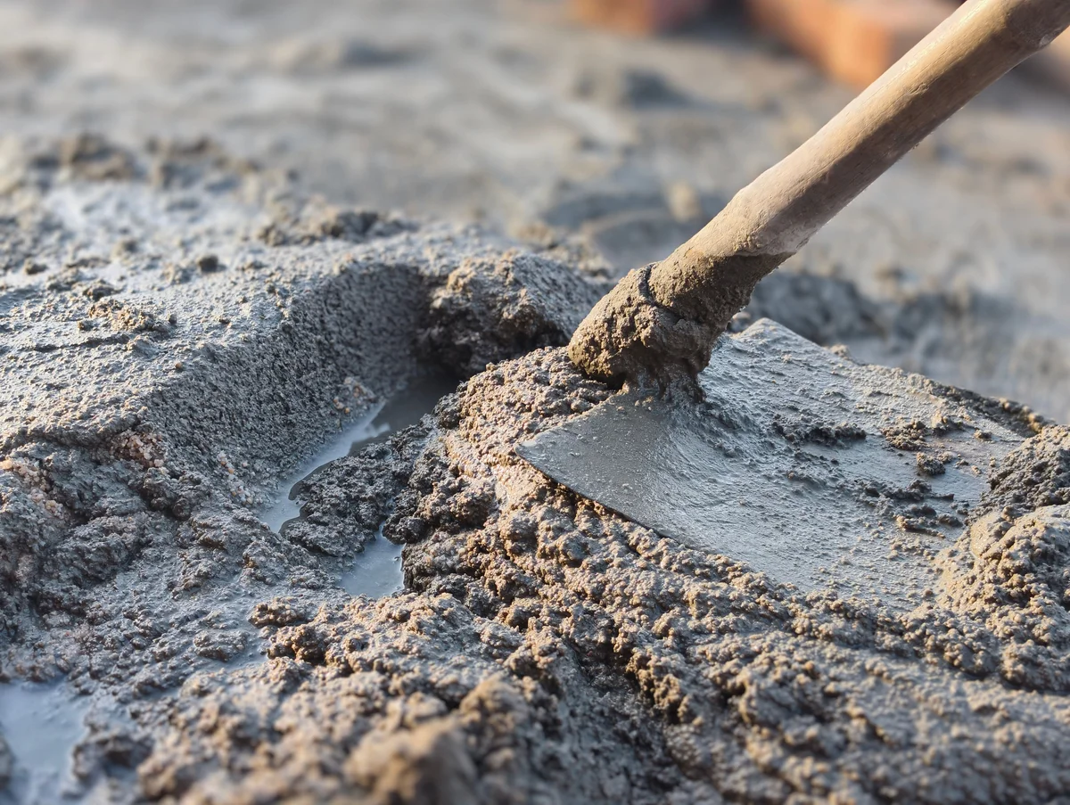 Grey wet sand-cement mortar with a shovel in it, close-up on a building site
